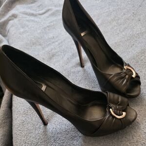 Dior Black Leather Peep-Toe 5" Heels with Silver Accent Sz 39